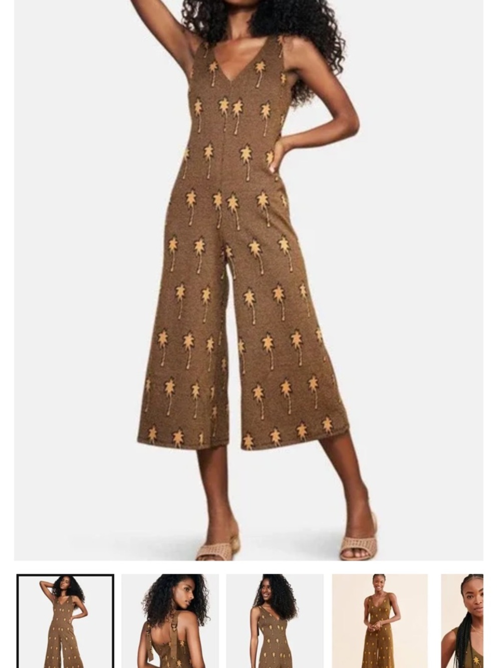 Anthropologie Brown Palm-Print Knit Sleeveless Jumpsuit